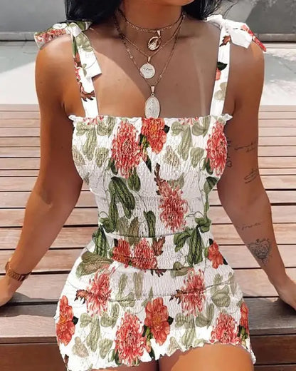 Summer Sexy Bodycon Package Hips Wrap Dress Women Casual Sleeveless Lace-up Fashion Floral Mini Dress Woman Skinny Sundress