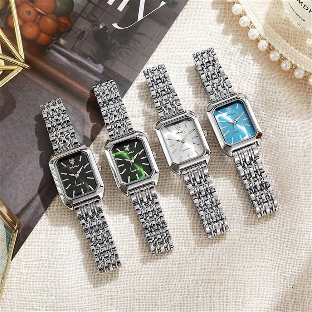 Luxury Ladies Fashion Quartz Watch Simple Scale Square Quality Gold Plated Women Watches Business Stainless Steel Folding Clock
