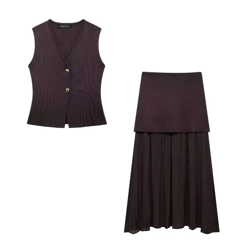 HH Women 2 Piece Skirt Set Elegant V-Neck Sleeveless Button Knitted Vest Top+Splicing High Waist Zipper Ankle-Length Skirts