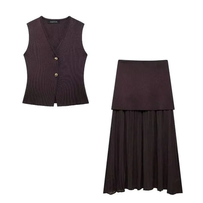 HH Women 2 Piece Skirt Set Elegant V-Neck Sleeveless Button Knitted Vest Top+Splicing High Waist Zipper Ankle-Length Skirts