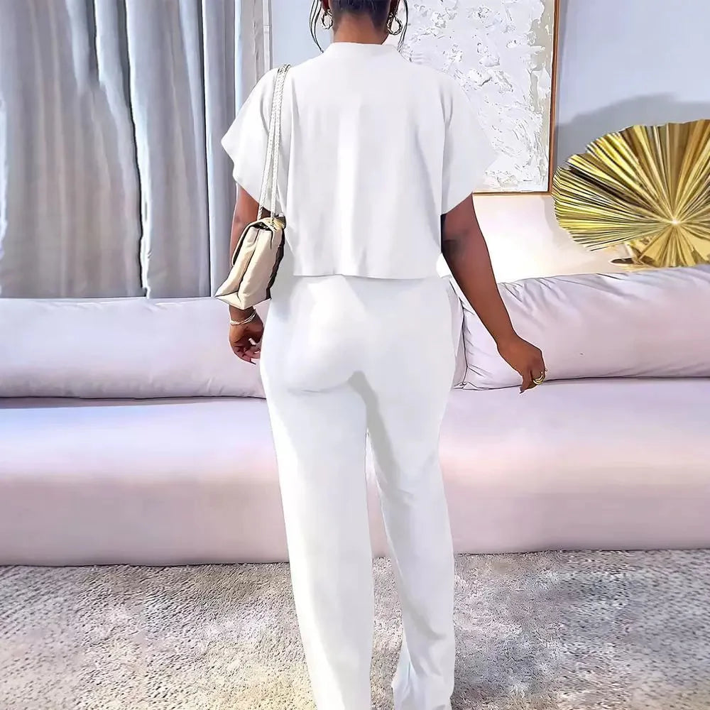 Sexy Elegant Two Piece Sets Womens Outfit Short Sleeved Top and Long Pant Fashion 2024 Summer New Casual Solid Color Suit Female