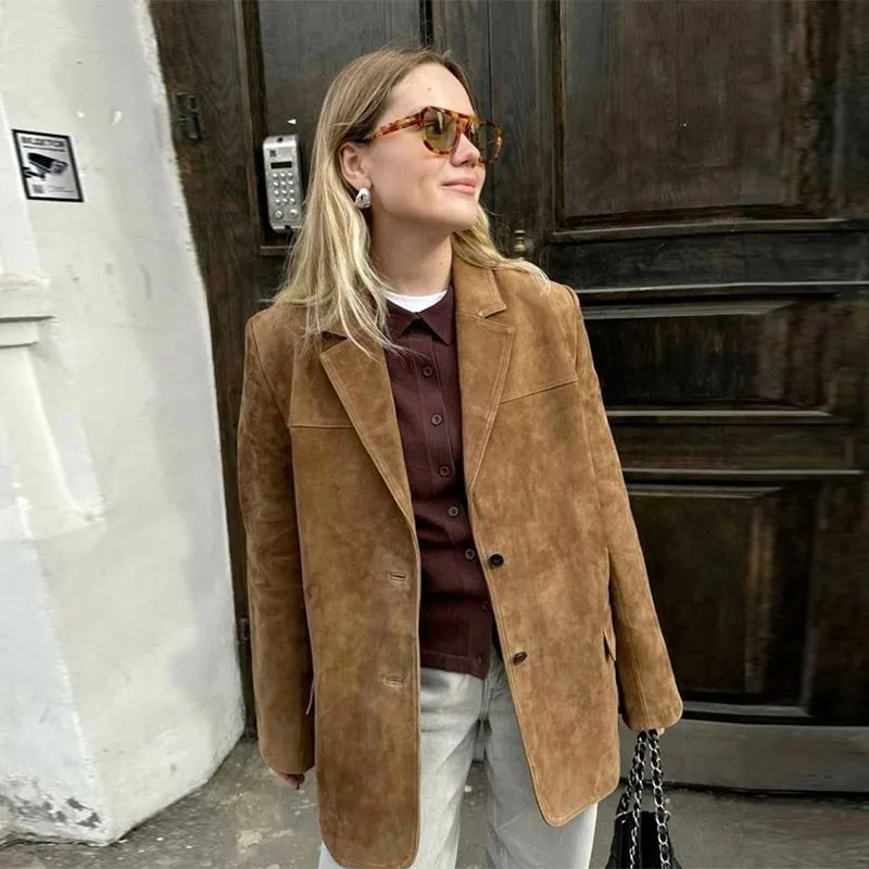 Vintage Suede Single Breasted Female Jackets Chic Long Sleeve Lapel Coats for Women 2025 Spring New Lady Outerwear High Street