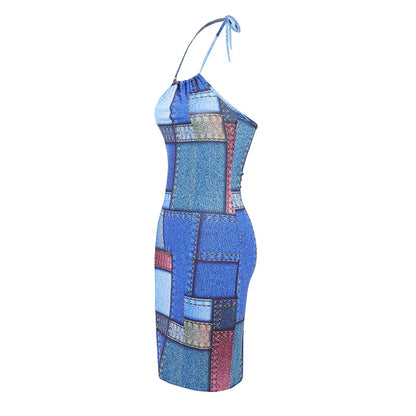 Summer Faux Denim Print Neck-mounted Spaghetti Strap Dress Women Sexy Slim Sleeveless Backless Dresses Fashion Wrap Hip Vestidos