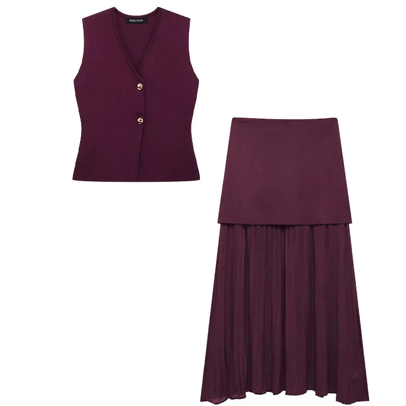 HH Women 2 Piece Skirt Set Elegant V-Neck Sleeveless Button Knitted Vest Top+Splicing High Waist Zipper Ankle-Length Skirts