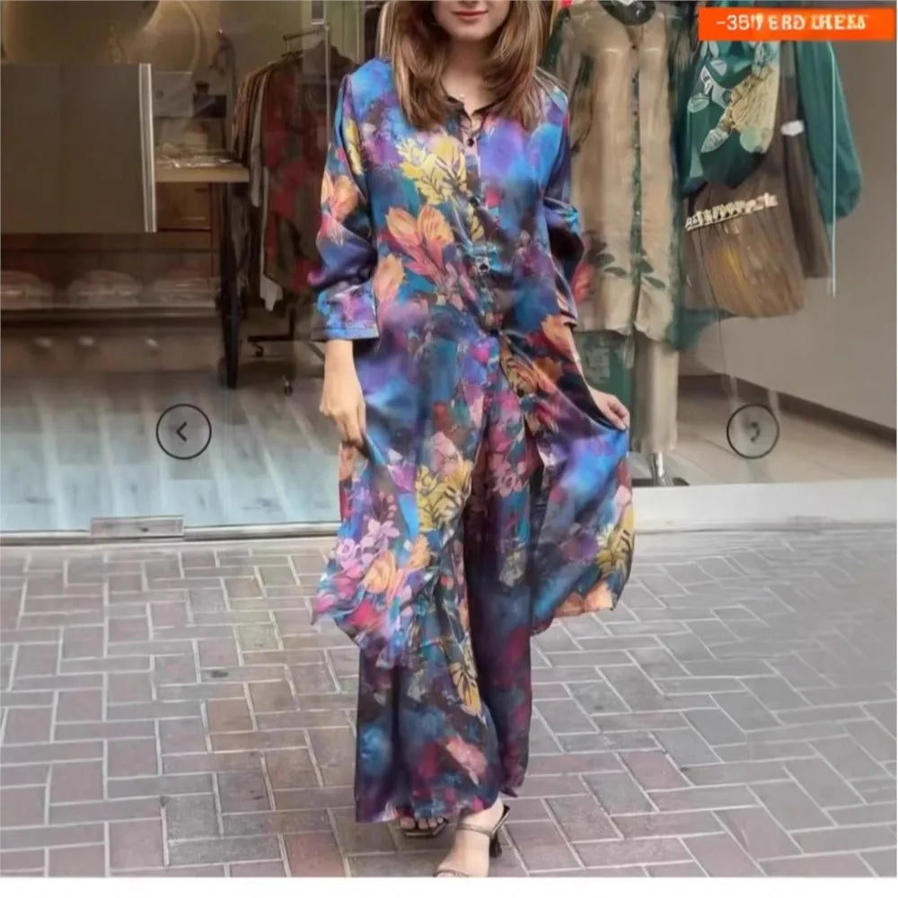 Elegant For Women Print Long Top 2 Pieces Set Spring Floral Single Breasted Lapel Shirt Wide Leg Pant Outfits Loose Leisure Suit