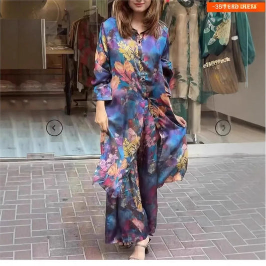 Elegant For Women Print Long Top 2 Pieces Set Spring Floral Single Breasted Lapel Shirt Wide Leg Pant Outfits Loose Leisure Suit