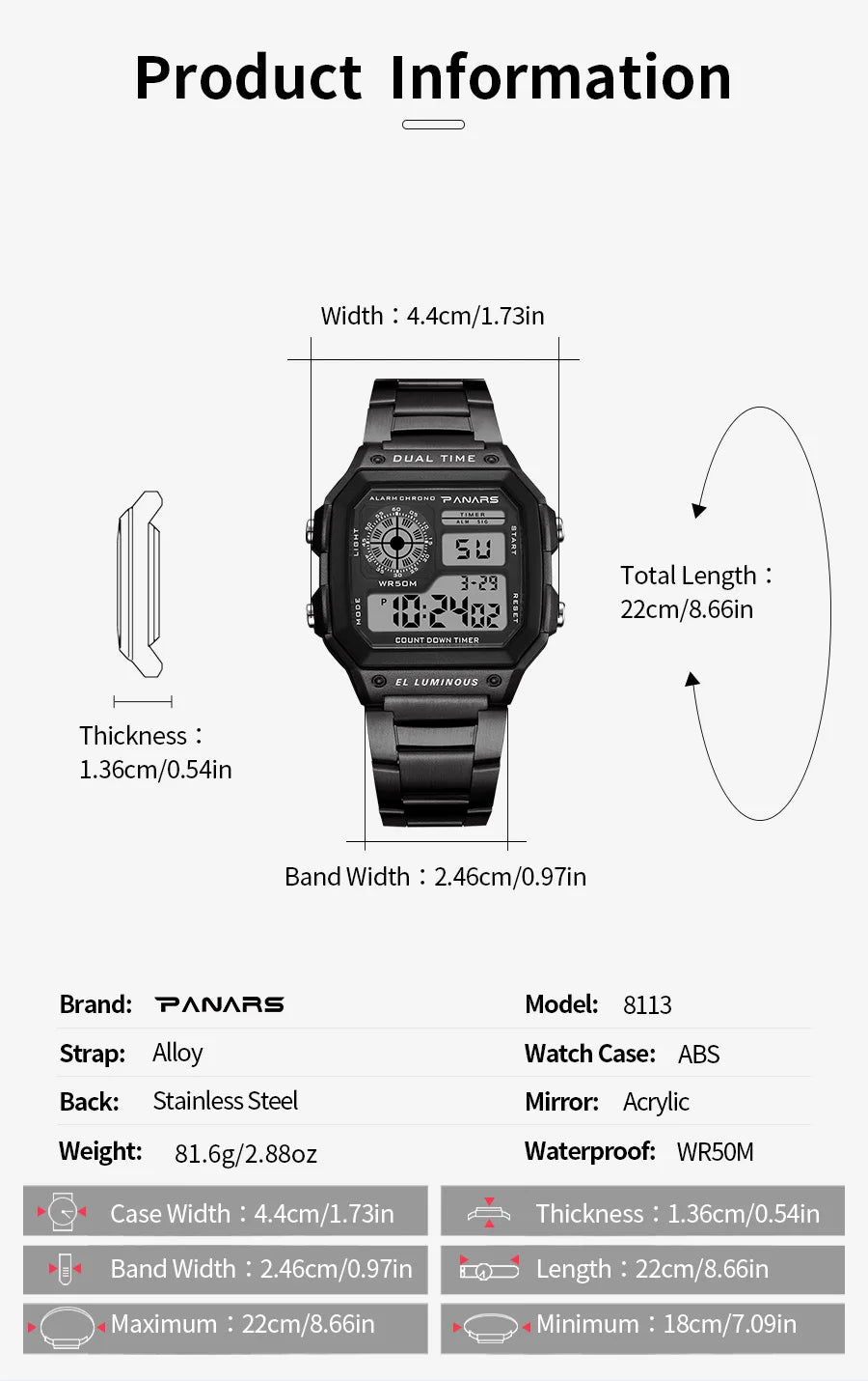 PANARS Top Luxury Stainless Steel Strap Sport Watches Mens Waterproof Back Light Digital Wristwatch Male Alarm