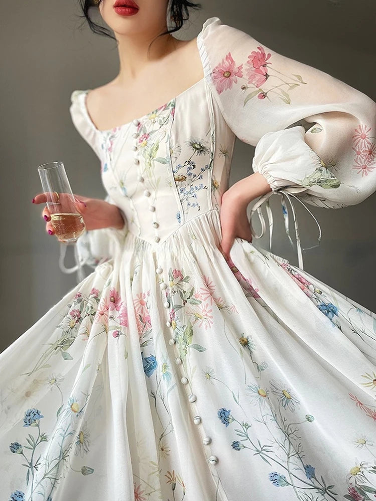 Vintage Floral Midi Dress Women Elegant Party Square Collar Dresses Summer Beach Fairy Korean Long Sleeve Bodycon Vestidos New