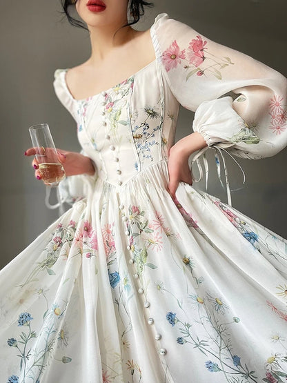 Vintage Floral Midi Dress Women Elegant Party Square Collar Dresses Summer Beach Fairy Korean Long Sleeve Bodycon Vestidos New