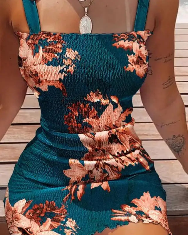 Summer Sexy Bodycon Package Hips Wrap Dress Women Casual Sleeveless Lace-up Fashion Floral Mini Dress Woman Skinny Sundress