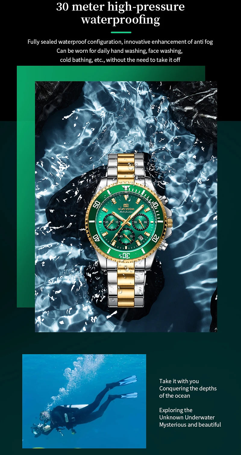 Multifunctional Mens Quartz Watch Luxury Water Night Glow Business Style Diver Series Stainless Steel Leisure Fashion Wristwatch