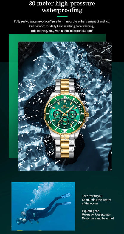 Multifunctional Mens Quartz Watch Luxury Water Night Glow Business Style Diver Series Stainless Steel Leisure Fashion Wristwatch