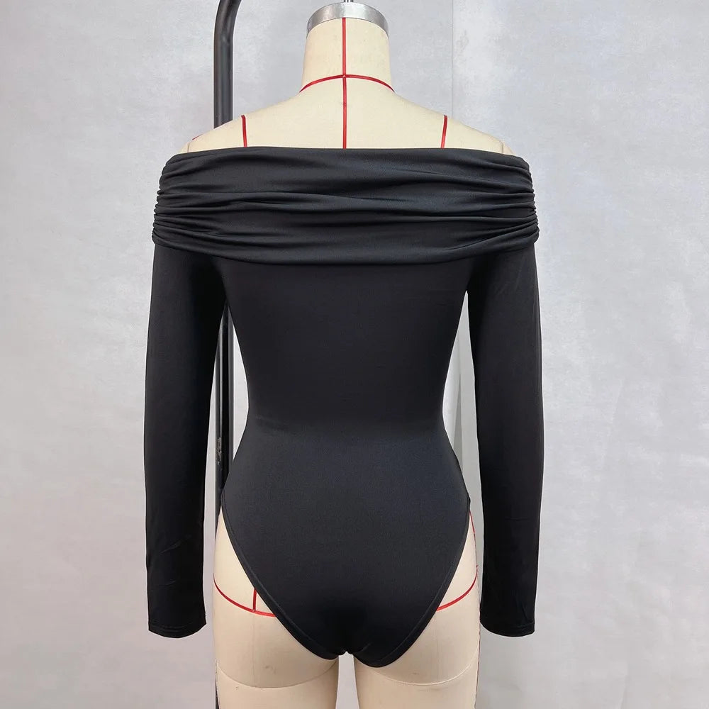 Autumn new 2024 sexy and fashionable V-neck off shoulder patchwork long sleeved slim fit versatile casual jumpsuit for woman