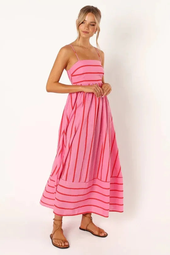 Fashion Stripe Slip Maxi Dress Women 2024 New Elegant Sleeveless Slash Neck Suspender Beach Dress Females Holiday Party Vestidos