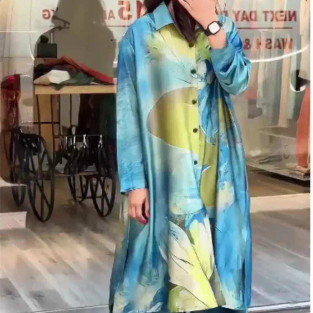 Elegant For Women Print Long Top 2 Pieces Set Spring Floral Single Breasted Lapel Shirt Wide Leg Pant Outfits Loose Leisure Suit
