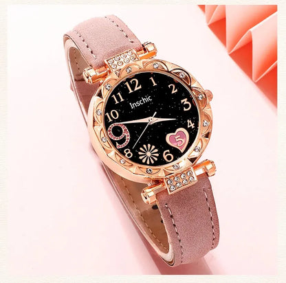 Women's Fashion Quartz Watch Luxury Pink Leather Band Analog WristWatch Ladies Watch Women Dress Bracelet Set Reloj Mujer Clock