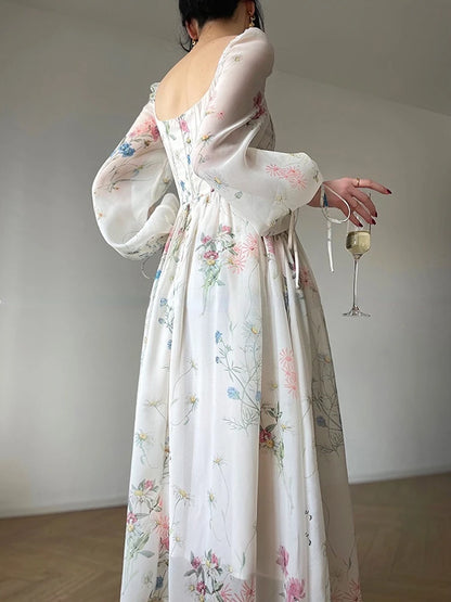 Vintage Floral Midi Dress Women Elegant Party Square Collar Dresses Summer Beach Fairy Korean Long Sleeve Bodycon Vestidos New