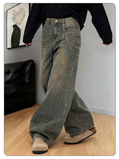 American Retro Baggy Wide Leg Jeans Men's Korea Streetwear Distressed y2k Clothing Casual Daily Four Seasons Denim Pants Unisex
