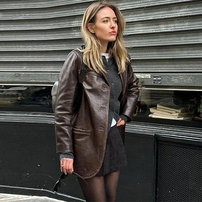Brown Vintage Leather Jacket Lapel Breasted Pocket Women Commute Temperament Casual Suit PU Leather Coat Spring Autumn Blouse