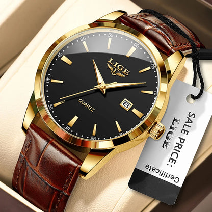 LIGE Mens Watches Top Brand Luxury Military Quartz Watch for Men Fashion Leather Waterproof Sports Chronograph Montre Homme+BOX