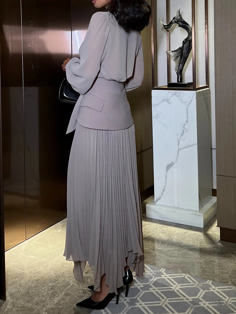 Sexy V-neck Long Skirt Matching Vest Outfits 2025 Fashion Hight Waist Solid Color 3Pc Suit Women's Elegant Pleated Commuting Set