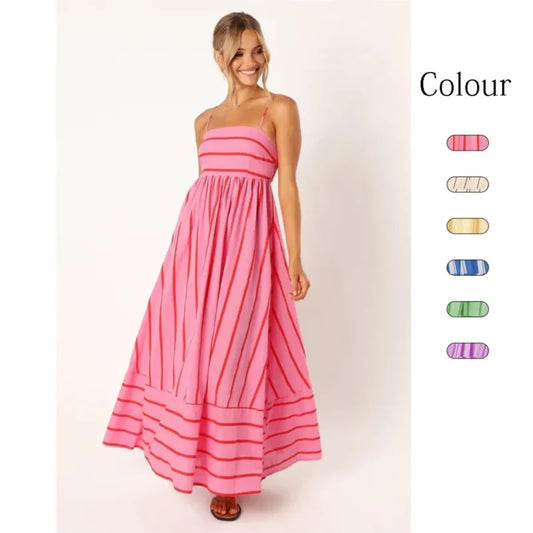 Fashion Stripe Slip Maxi Dress Women 2024 New Elegant Sleeveless Slash Neck Suspender Beach Dress Females Holiday Party Vestidos