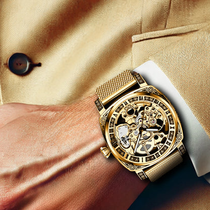New men's watch with hollowed out carving design, high-end fashion disc gold mesh belt, men's fully automatic mechanical watch