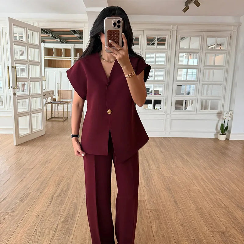 Casual Women's Trouser Suit Single Button Blazer High Waist Wide Leg Pants Lady Suits 2025 Spring Summer 2 Pieces Set Women