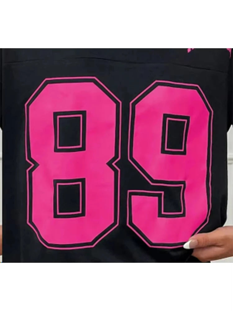 Summer Women T-shirts Number 89 Short Sleeve Trend 3D Print V-neck Sport Tees Streetwear Oversized Casual Fashion Female Top