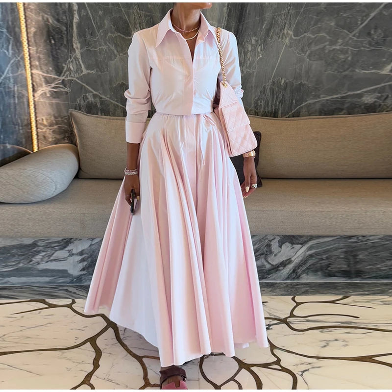 Women's Casual Pleated Skirts Set Two-piece Fashion Lapel Full Sleeve Button Top & Maxi Dress Lady 2025 Spring Street Outfits