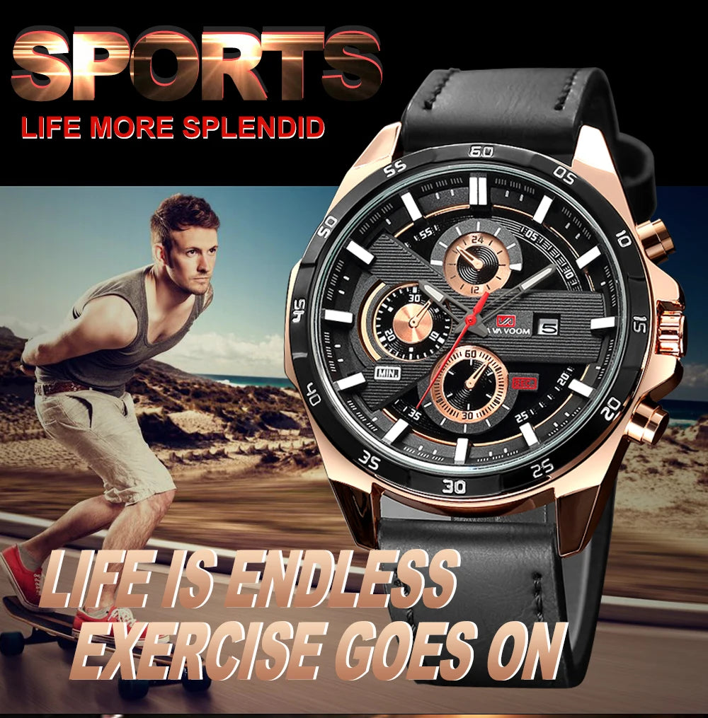 Top Men Watch Sports Style 46mm Large Leather Racing Style Casual Fashion Original Black Rose Gold Calendar Quartz Watch Relogio