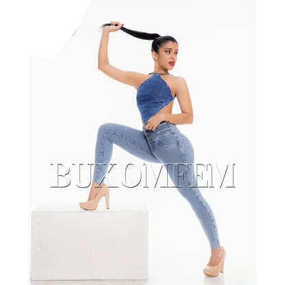Fashion High Waist Sexy Skinny Stretch Jeans for Women Button Fly Straight Leg Pencil Pants Wrap Hips Trousers Y2K Streetwear