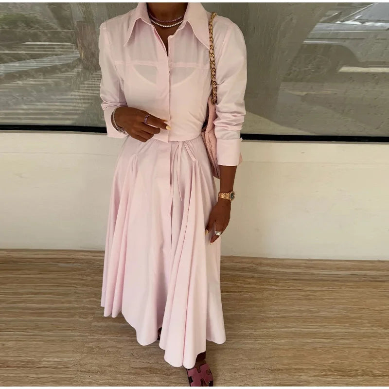 Women's Casual Pleated Skirts Set Two-piece Fashion Lapel Full Sleeve Button Top & Maxi Dress Lady 2025 Spring Street Outfits
