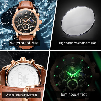 OLEVS 3660 Moon Phase Chronograph Luminous Men's Watches Leather Strap Waterproof Original Quartz Watch for Man Brand Wristwatch