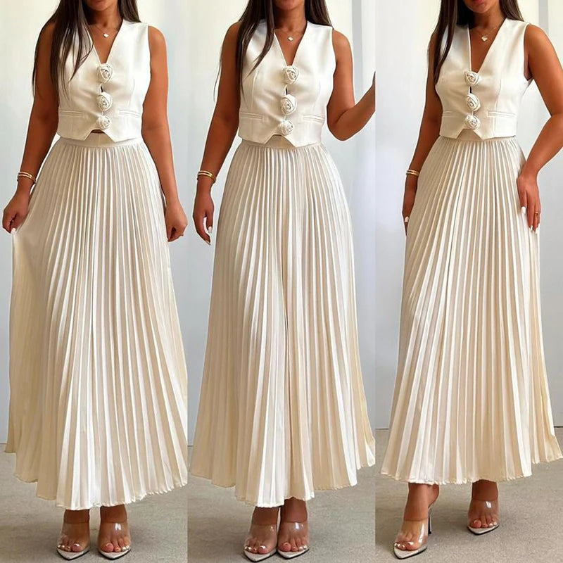 Elegant Temperament Slim Party Suit Office Simple Solid Color Pleated Outfits Ladies Sexy V Neck Rose Top and Long Skirt 2pc Set