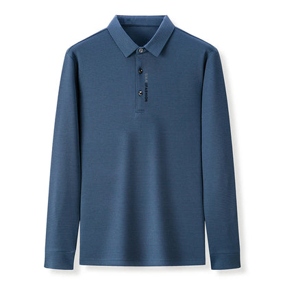 Men's Waffle Long Sleeved POLO Shirt with Letter Printed Lapel Casual Top