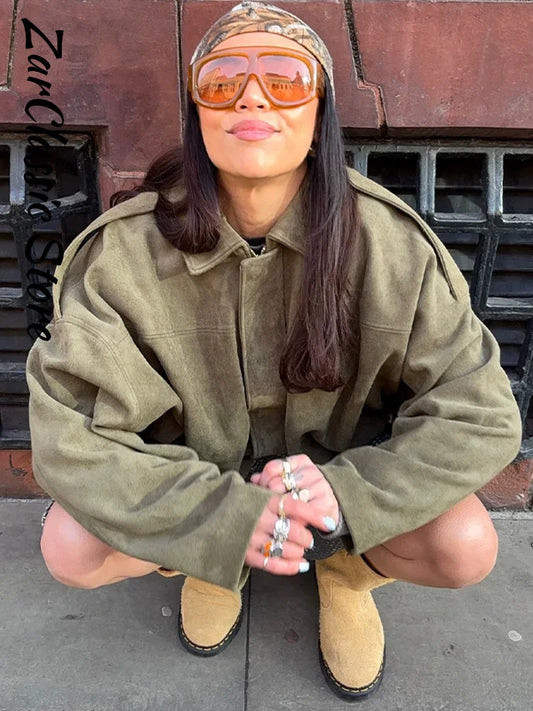 Autumn Women's Green Suede Short Jacket Loose Lapel Zipper Long Sleeve Bomber Coat Female 2025 New Lady High Street Outwears