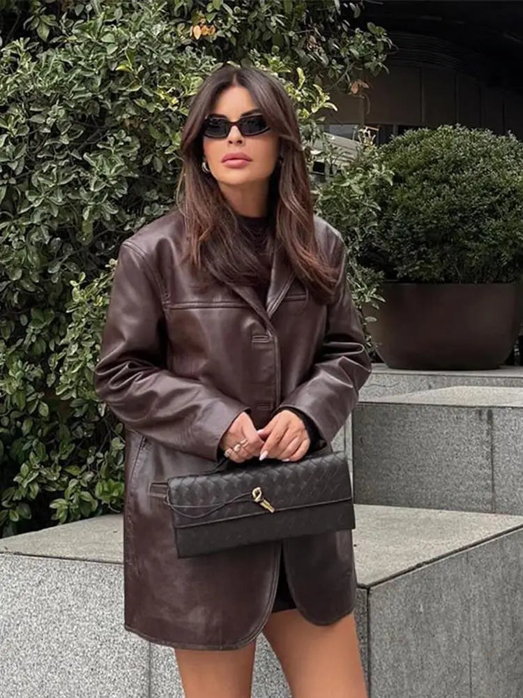 Brown Vintage Leather Jacket Lapel Breasted Pocket Women Commute Temperament Casual Suit PU Leather Coat Spring Autumn Blouse
