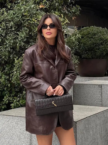 Brown Vintage Leather Jacket Lapel Breasted Pocket Women Commute Temperament Casual Suit PU Leather Coat Spring Autumn Blouse