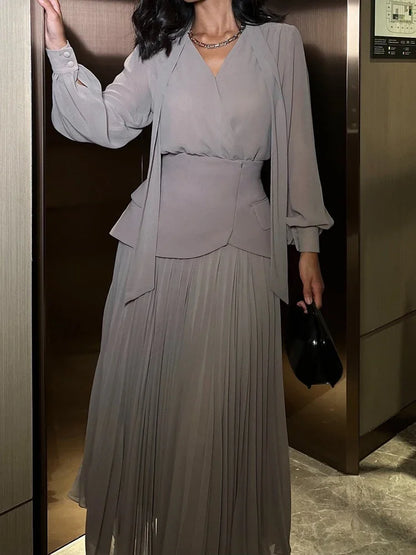 Sexy V-neck Long Skirt Matching Vest Outfits 2025 Fashion Hight Waist Solid Color 3Pc Suit Women's Elegant Pleated Commuting Set