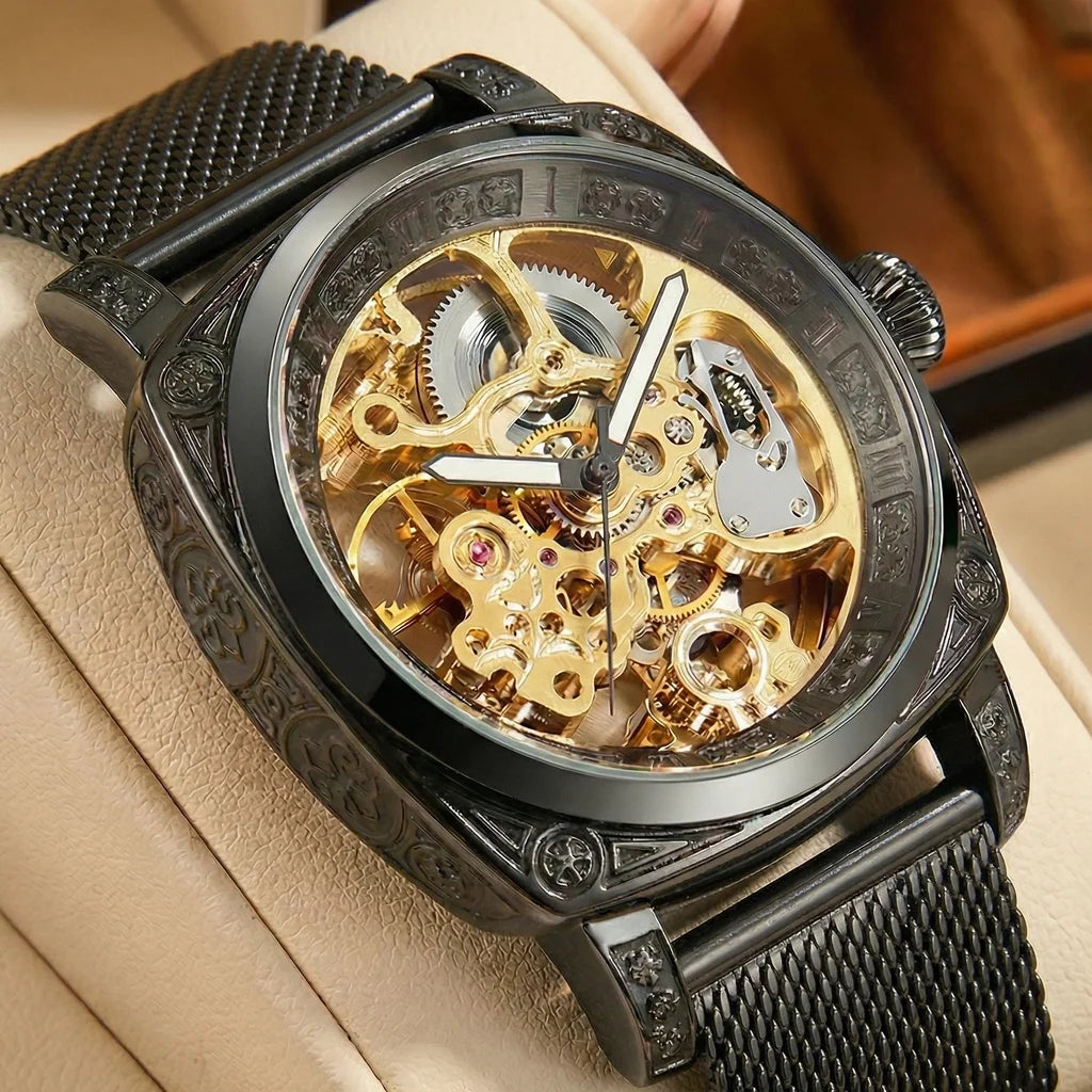 New men's watch with hollowed out carving design, high-end fashion disc gold mesh belt, men's fully automatic mechanical watch