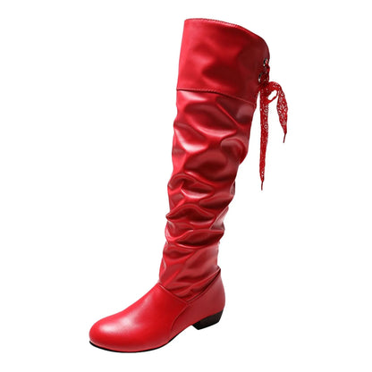 Womens Fashion Leather Shoes Bow Tie Thick Heel Long Boots Socks For Women Knee High Boots British Style 2024 Winter Flat Shoes