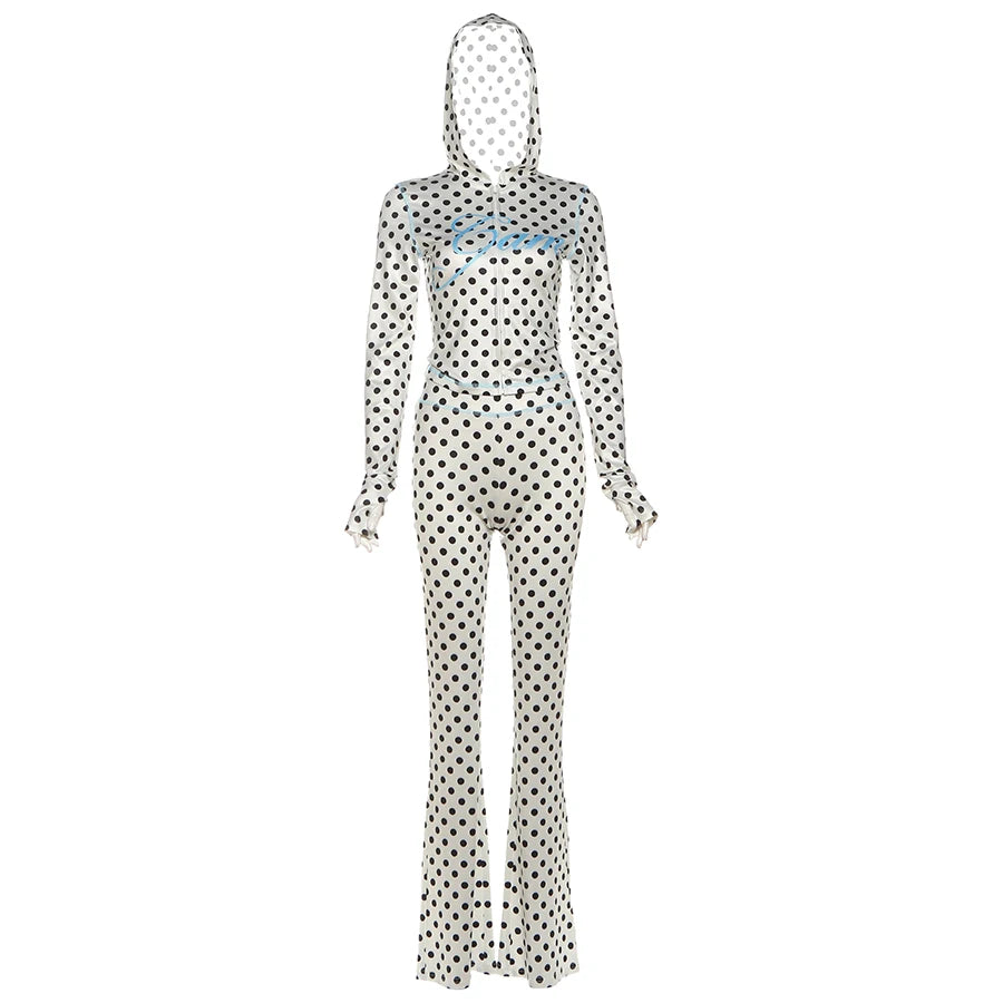 Weird Puss Polka Dot Letter Print 2 Piece Set Woman Tracksuit Trend Sexy Hooded Jacket+Pants Skinny Stretch Matching Streetwear