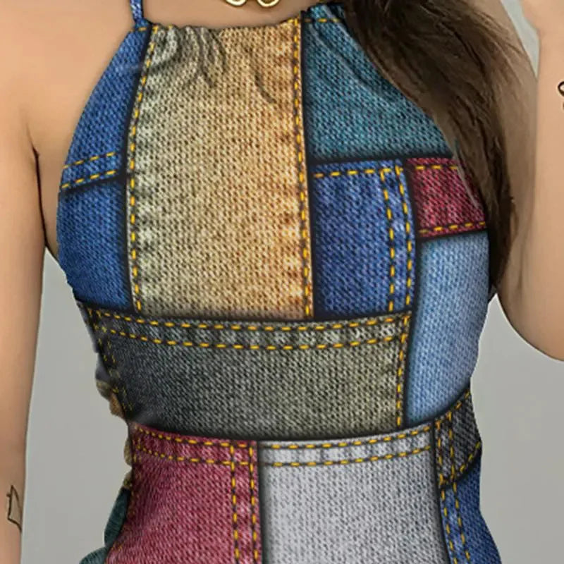 Summer Faux Denim Print Neck-mounted Spaghetti Strap Dress Women Sexy Slim Sleeveless Backless Dresses Fashion Wrap Hip Vestidos