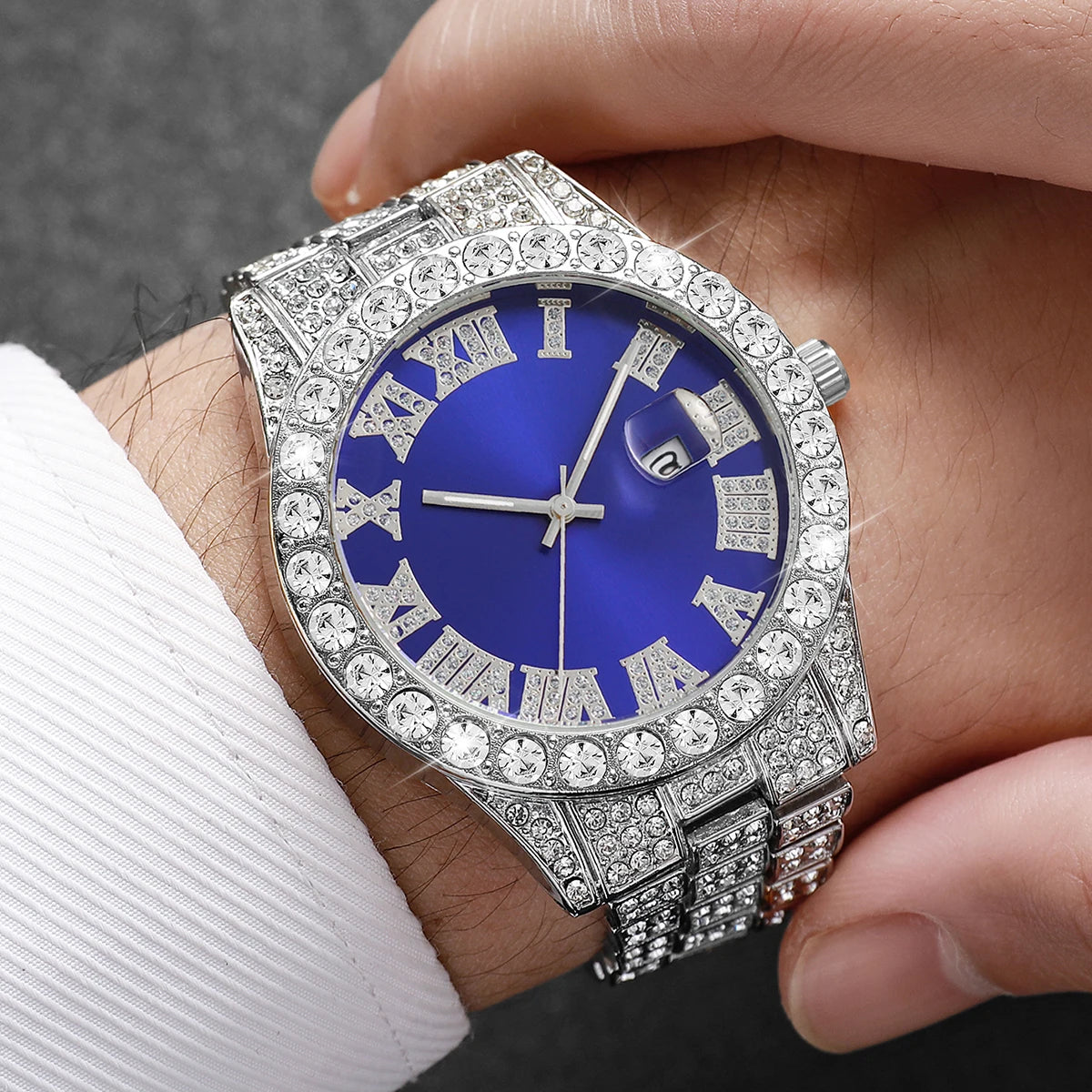 Luxury Full Diamond Men Calendar Quartz Watch Fashion Stainless Steel Band Male Quartz Wristwatches Date Clock Reloj Hombre