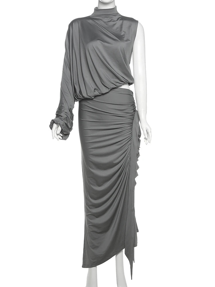 SIsterlinda Unique Irregular Women 2 Piece Set Solid Swinging Pleated Single Full Sleeve Turtleneck Tops+Matching Split Skirts