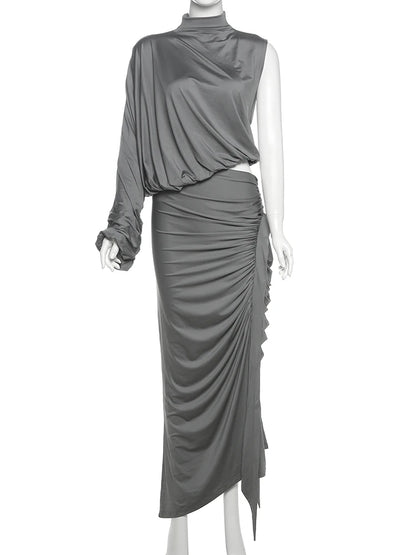 SIsterlinda Unique Irregular Women 2 Piece Set Solid Swinging Pleated Single Full Sleeve Turtleneck Tops+Matching Split Skirts