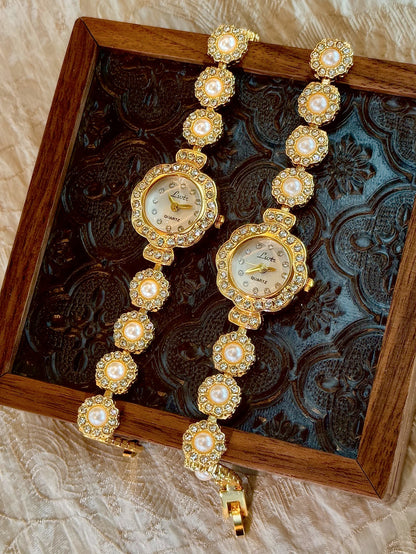 1 new gold classic fashion ladies quartz watch inlaid with diamond and pearl flower case with white dial ladies watch waterproof and simple niche design suitable for daily wear decoration and gifts