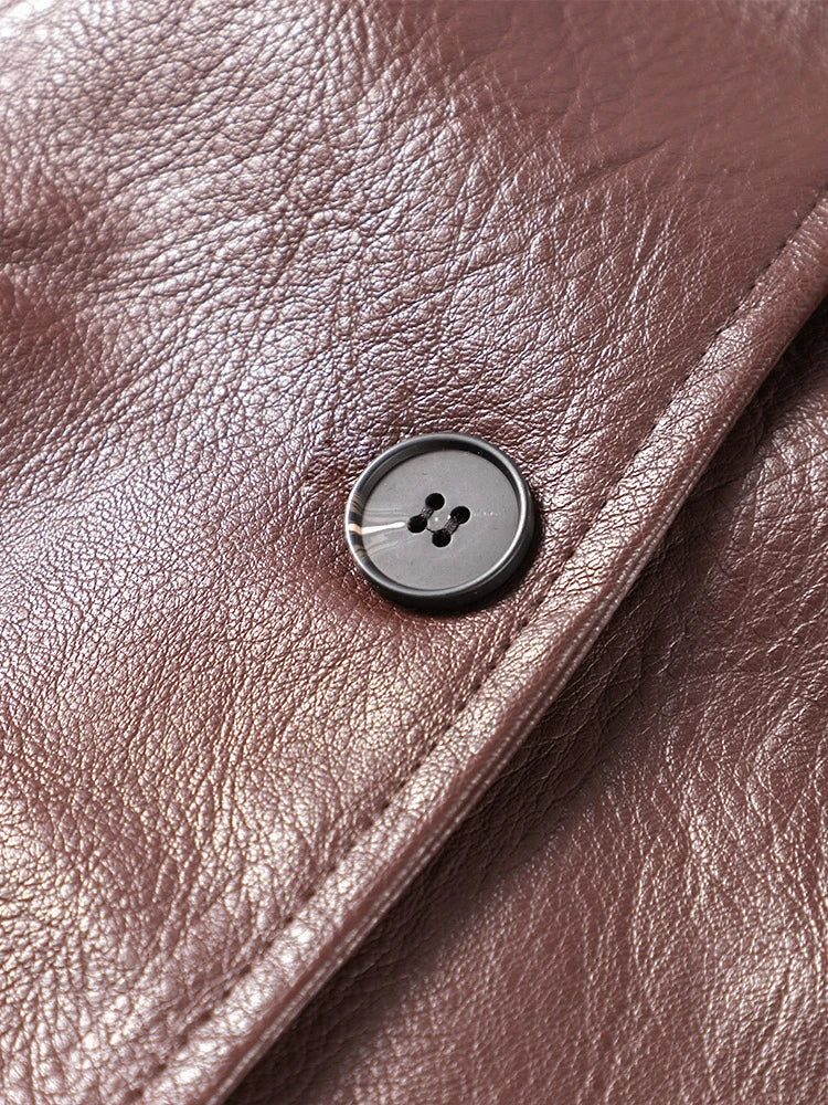Brown Vintage Leather Jacket Lapel Breasted Pocket Women Commute Temperament Casual Suit PU Leather Coat Spring Autumn Blouse