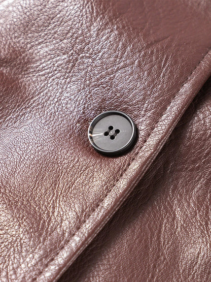 Brown Vintage Leather Jacket Lapel Breasted Pocket Women Commute Temperament Casual Suit PU Leather Coat Spring Autumn Blouse